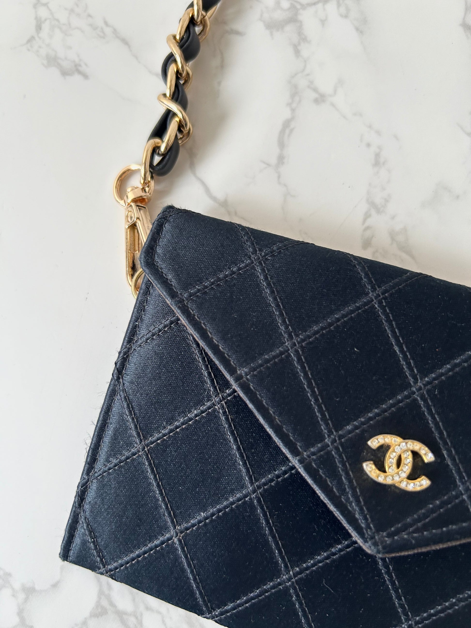 CHANEL Rare Black Satin Rhinestone Small Bag/Side Bag/Messenger Bag/Clutch Bag