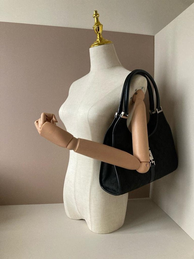 GUCCI Jackie black silver buckle old flower side backpack/shoulder bag