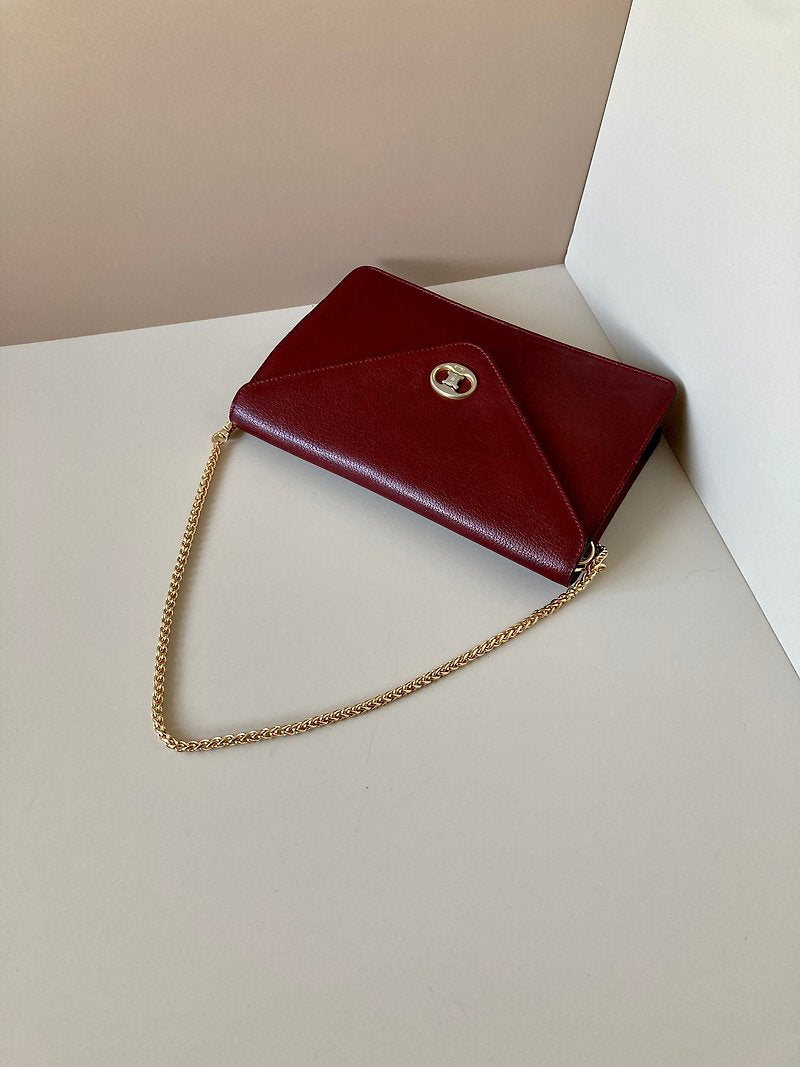 CELINE rare wine red Arc de Triomphe gold buckle envelope small bag/side backpack/underarm bag