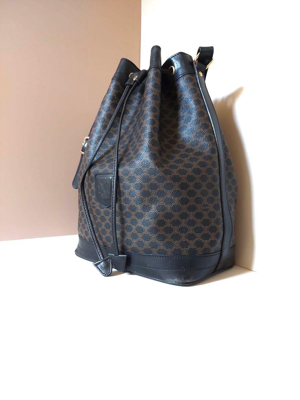 CELINE black monogram leather drawstring bucket bag/side bag
