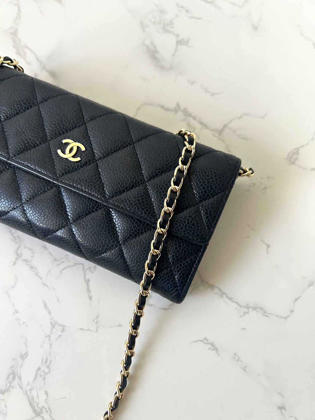 CHANEL Black Gold Caviar Leather WOC Side Bag/Messenger Bag/Long Wallet