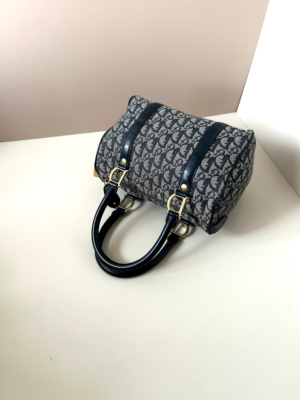 CHRISTIAN DIOR 稀有深藍色老花皮革小波士頓圓桶包/手提包
