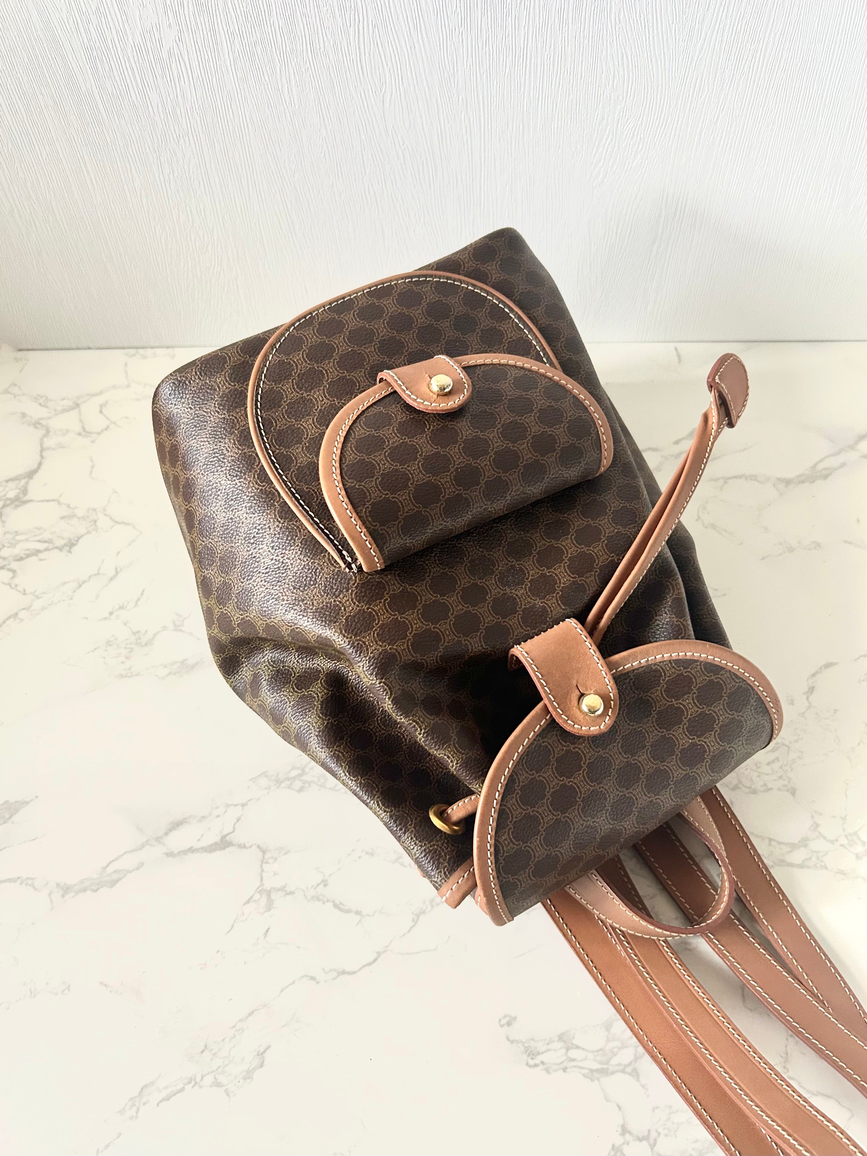CELINE Rare Brown Monogram Flap Leather Backpack