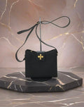 CELINE rare black cross rotating gold buckle leather small shoulder bag / side bag