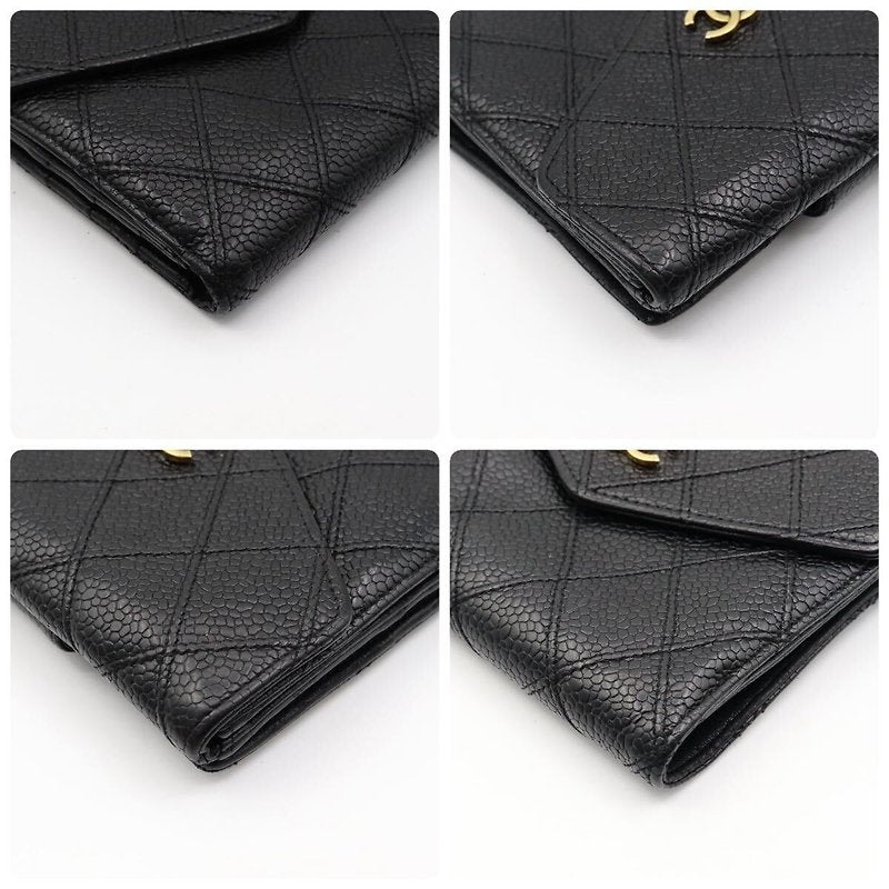 CHANEL rare double-sided gold buckle black caviar cowhide leather short wallet / small wallet / wallet