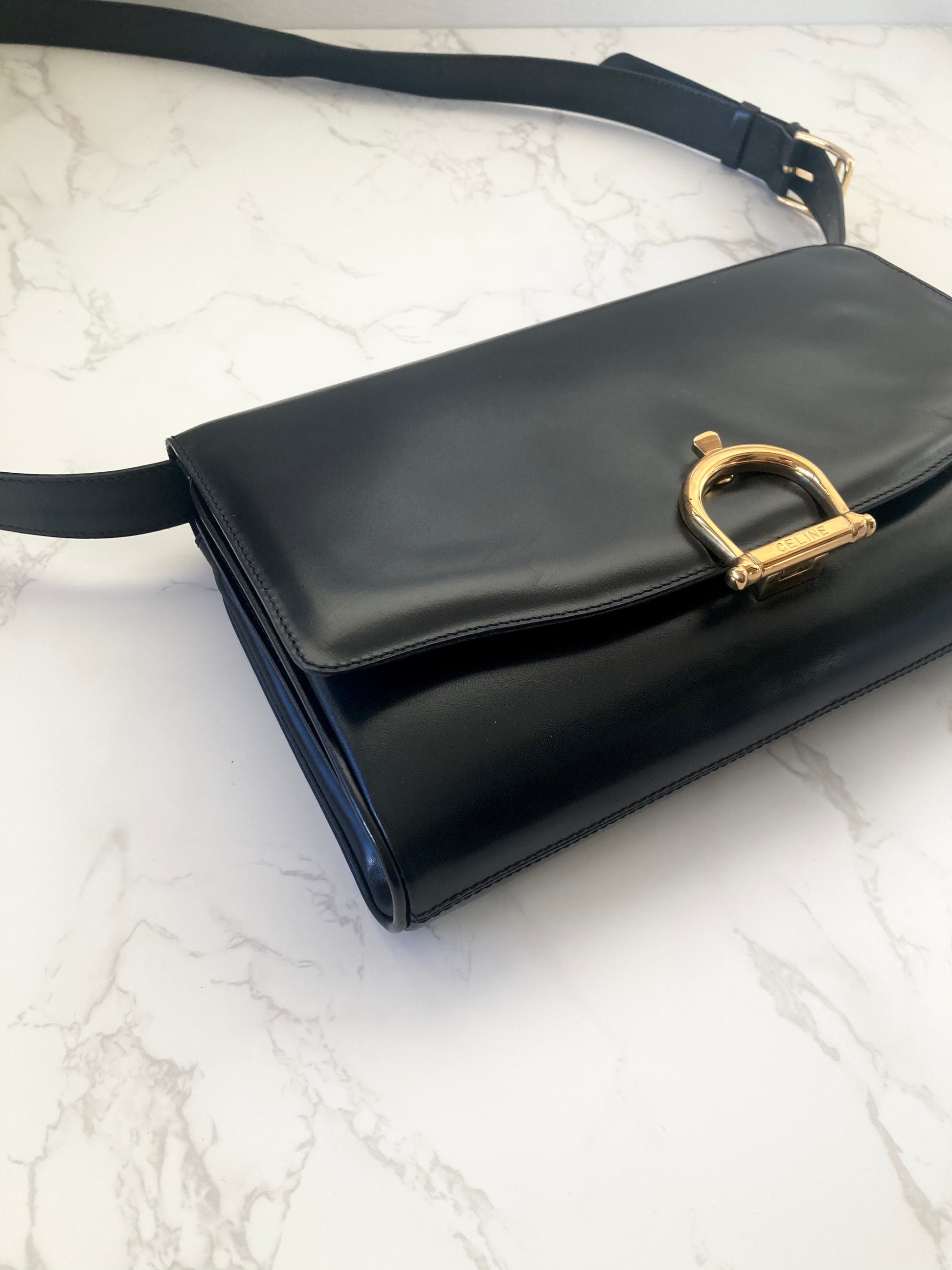 CELINE Black x Gold Horseshoe Shoulder / Crossbody Bag