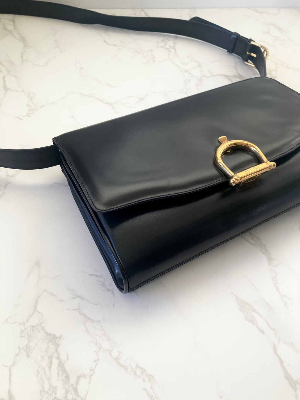 CELINE Black x Gold Horseshoe Shoulder / Crossbody Bag