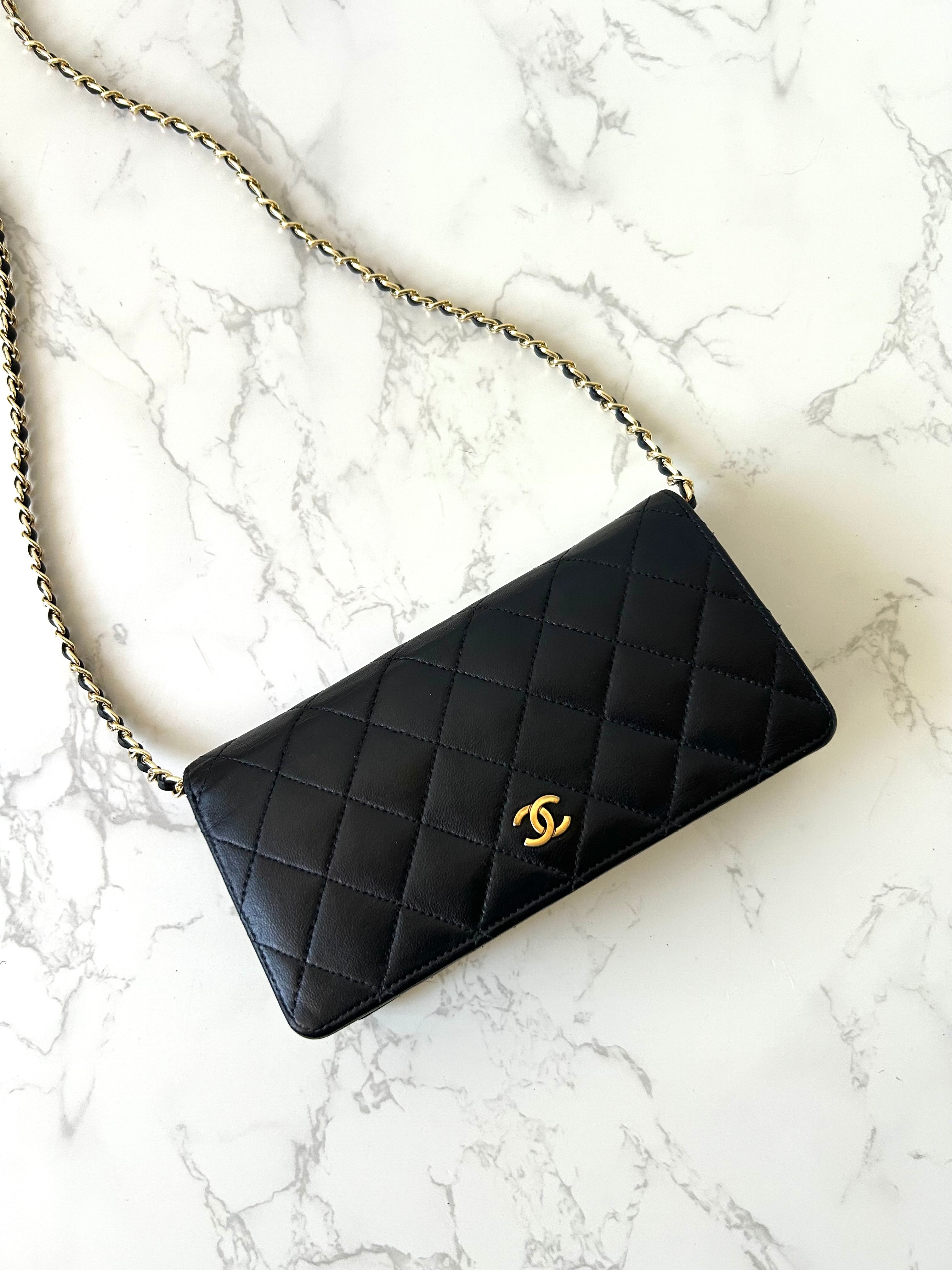 CHANEL black gold lambskin leather WOC long wallet/oblique bag/side bag
