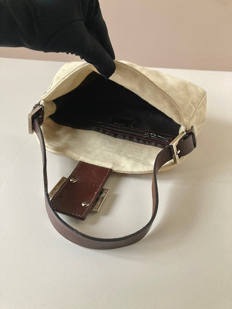 FENDI Zucchino White with Brown Mama Baguette Shoulder Bag