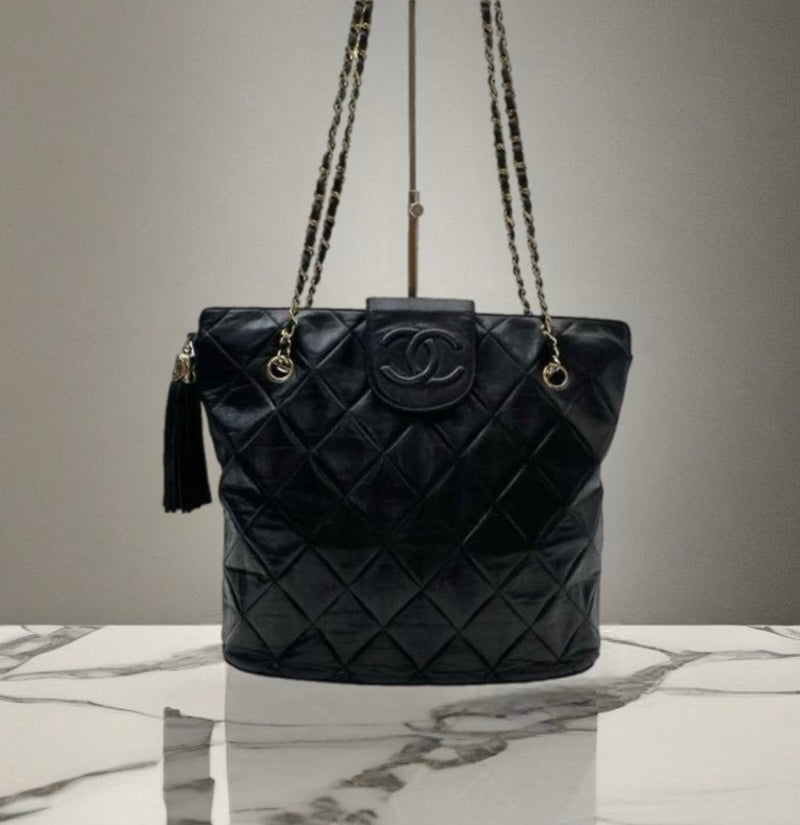 CHANEL rare black gold tassel chain leather bucket bag / small tote bag / side backpack