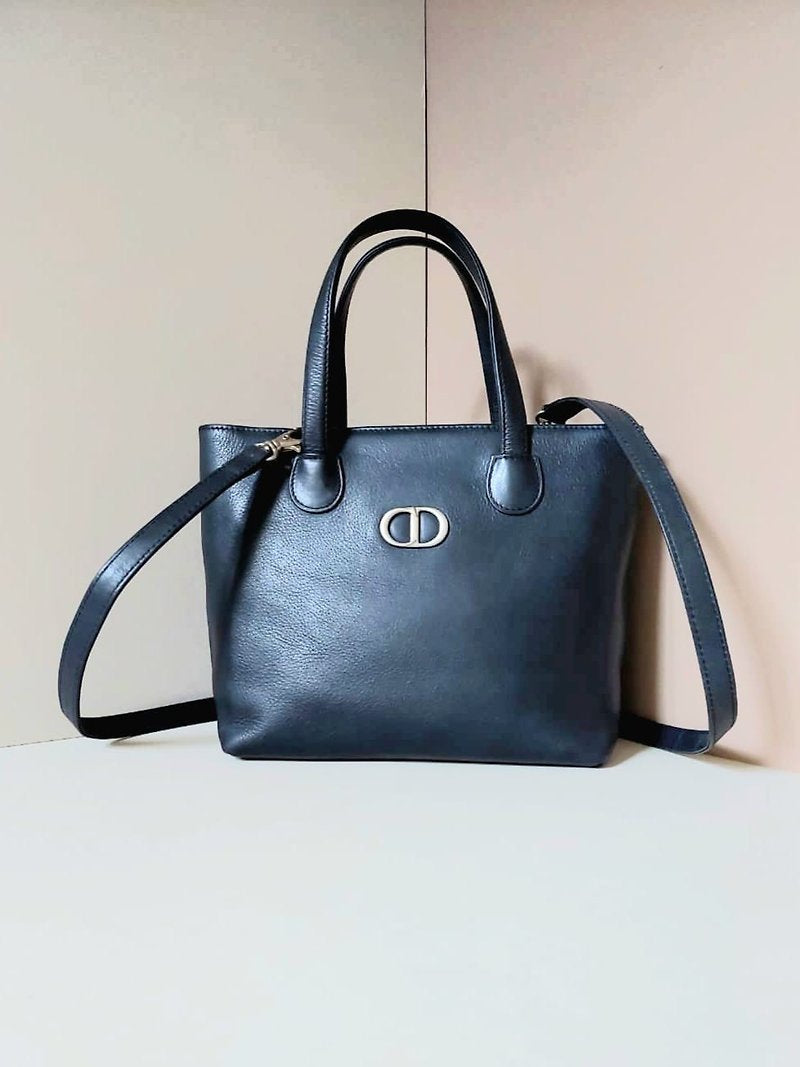 CHRISTIAN DIOR rare dark blue silver label leather small side bag / crossbody bag / tote bag / handbag