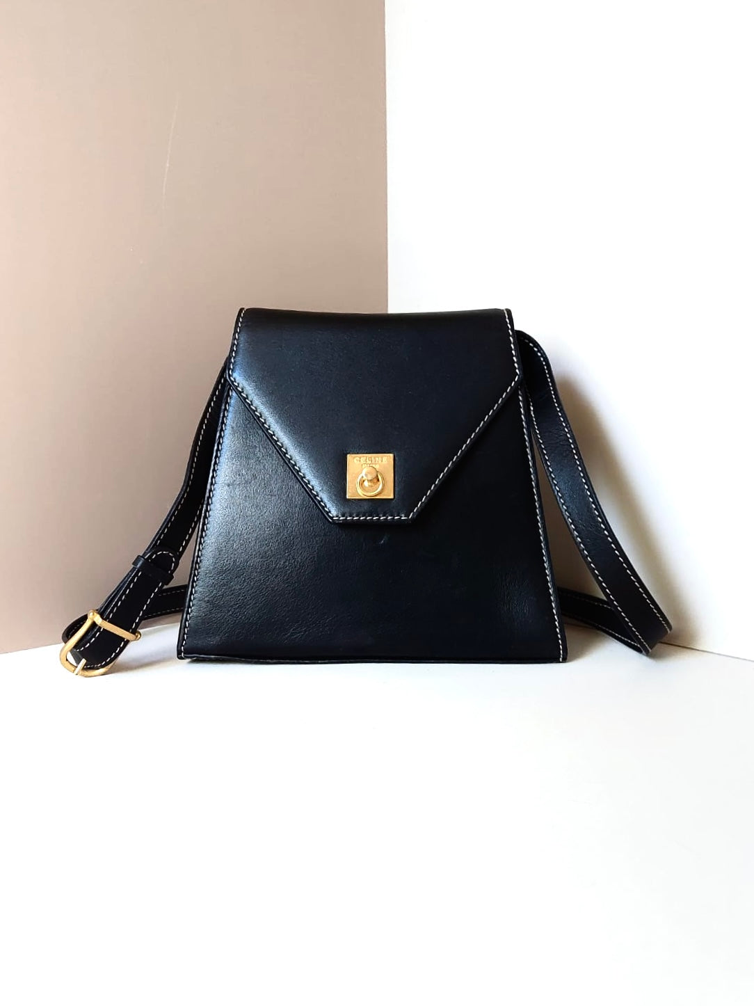 CELINE rare black gold buckle outer seam leather small Kelly shoulder bag / crossbody bag