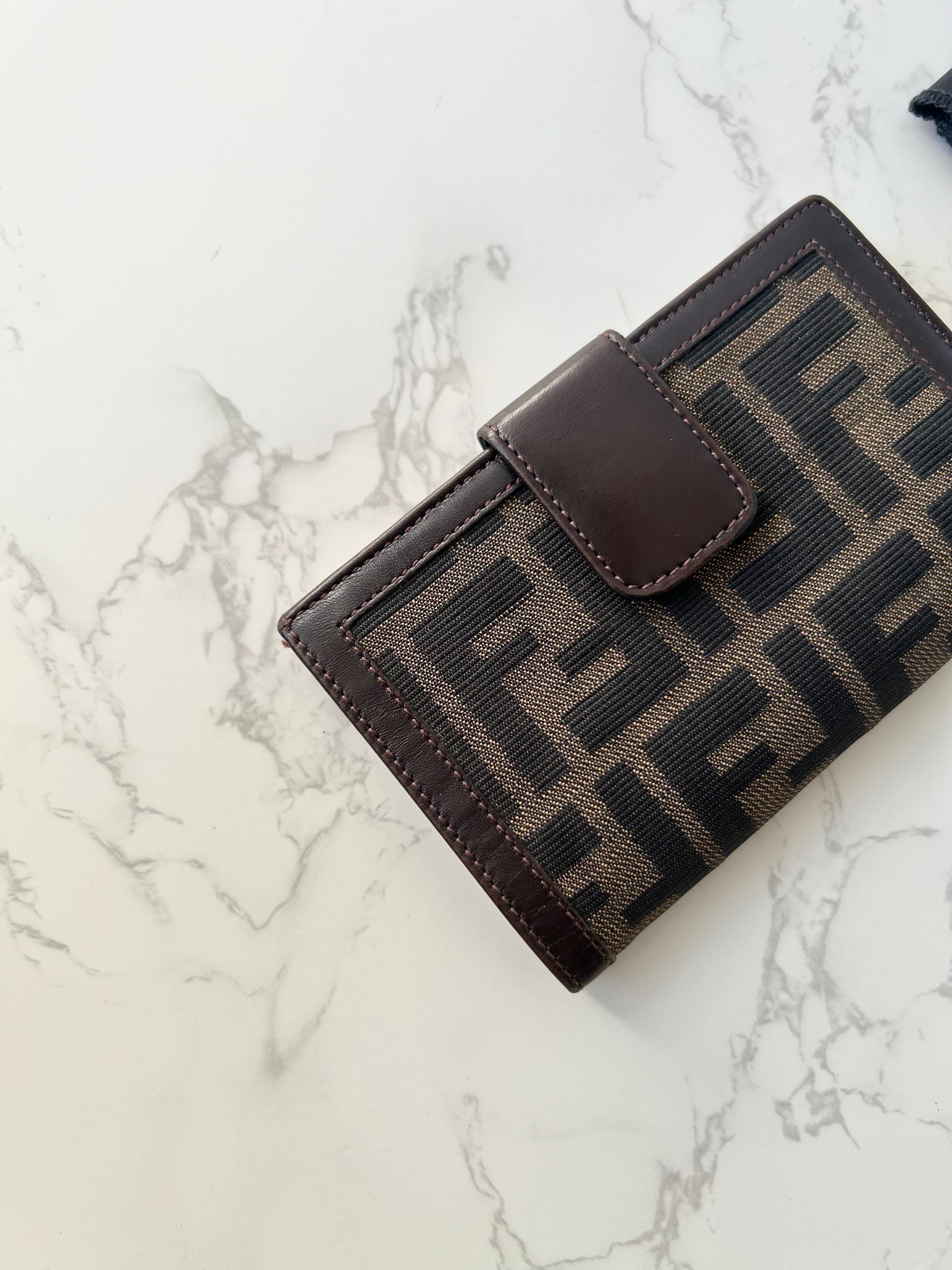 FENDI Zucchino Brown Monogram Bi-Fold Wallet/ Short Clip/ Coin Purse