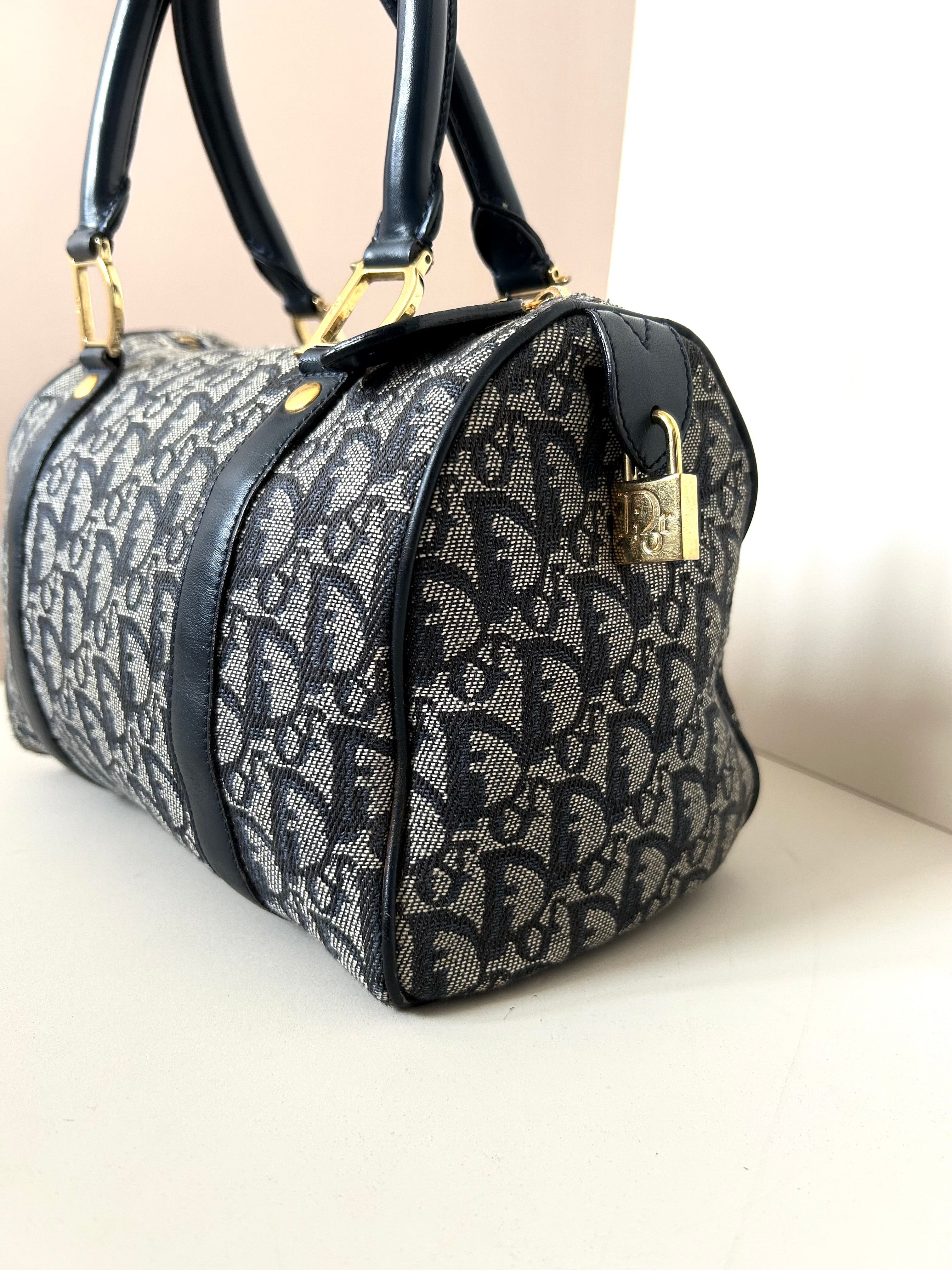 CHRISTIAN DIOR 稀有深藍色老花皮革小波士頓圓桶包/手提包
