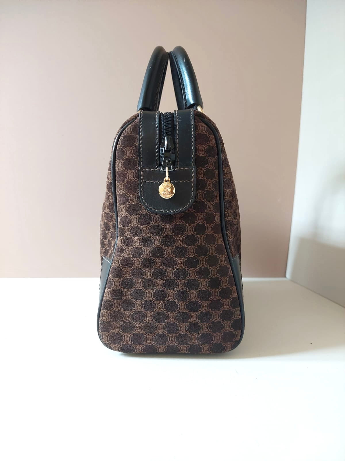 CELINE rare coffee color old flower leather Boston crossbody bag / side bag / handbag