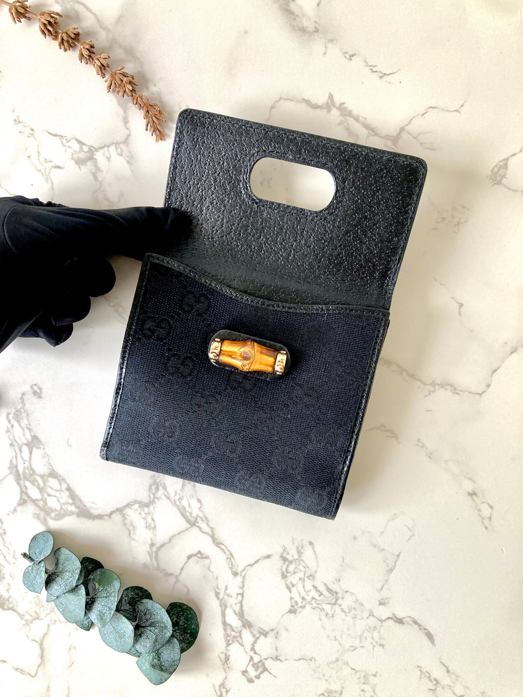 GUCCI Bamboo Black Monogram Compact Wallet