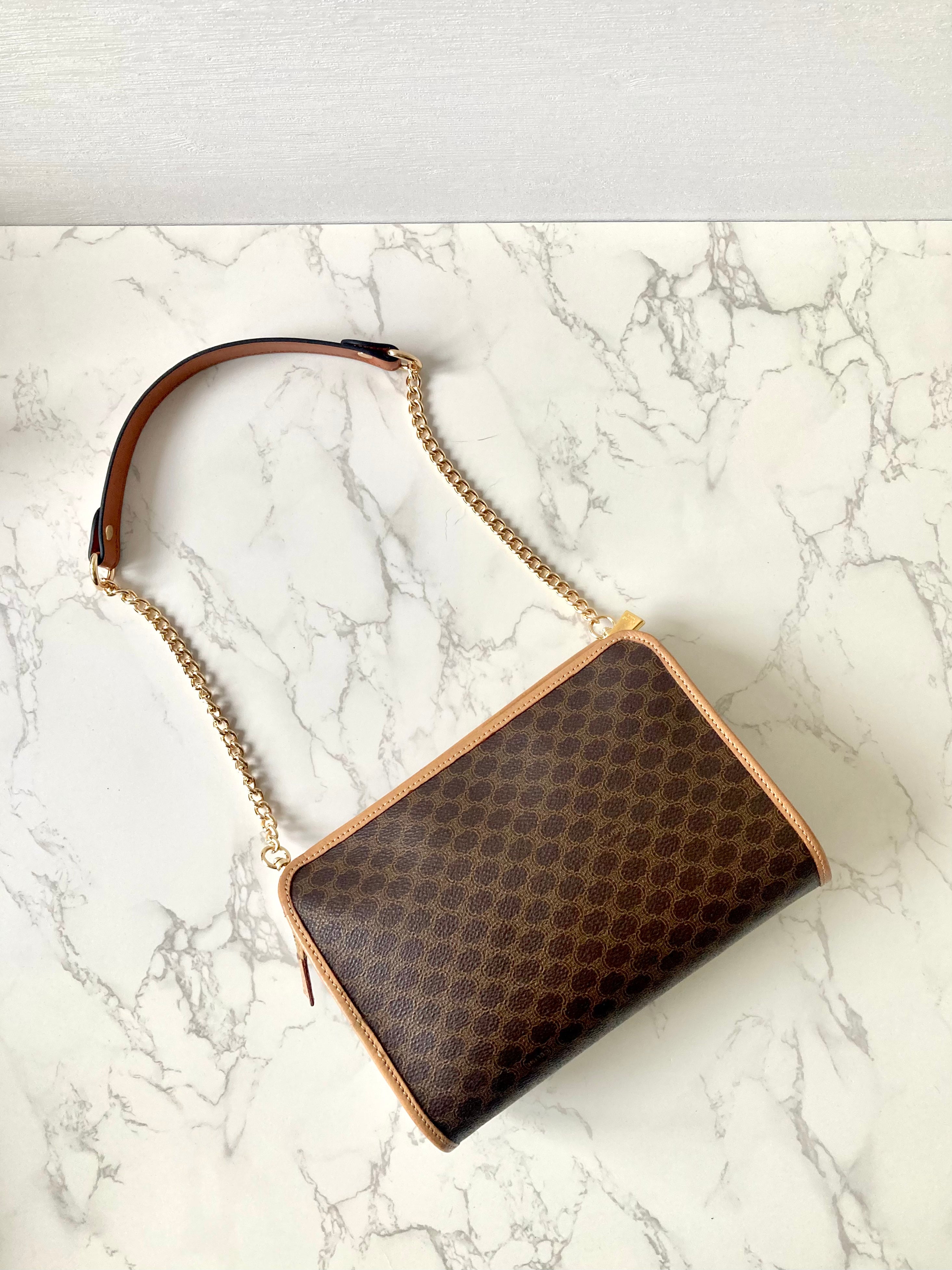 CELINE Brown Macadam Monogram Two-way Shoulder Bag / Pouch Chain Bag