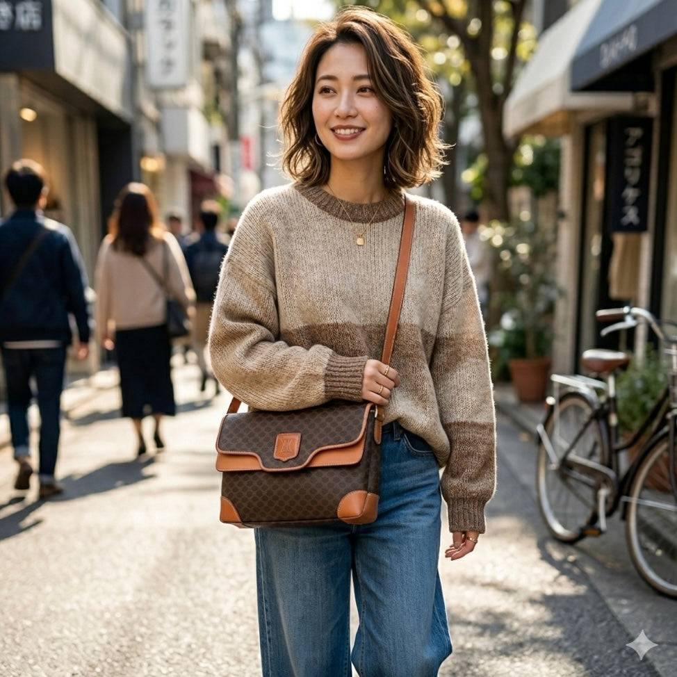 CELINE 咖啡色老花拼皮郵差包/側背包/斜背包