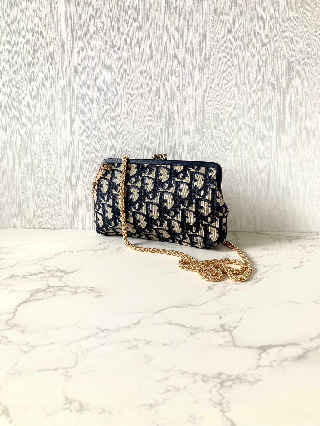 CHRISTIAN DIOR Navy Trotter x Beige Mini Two-way Crossbody Bag / Clutch