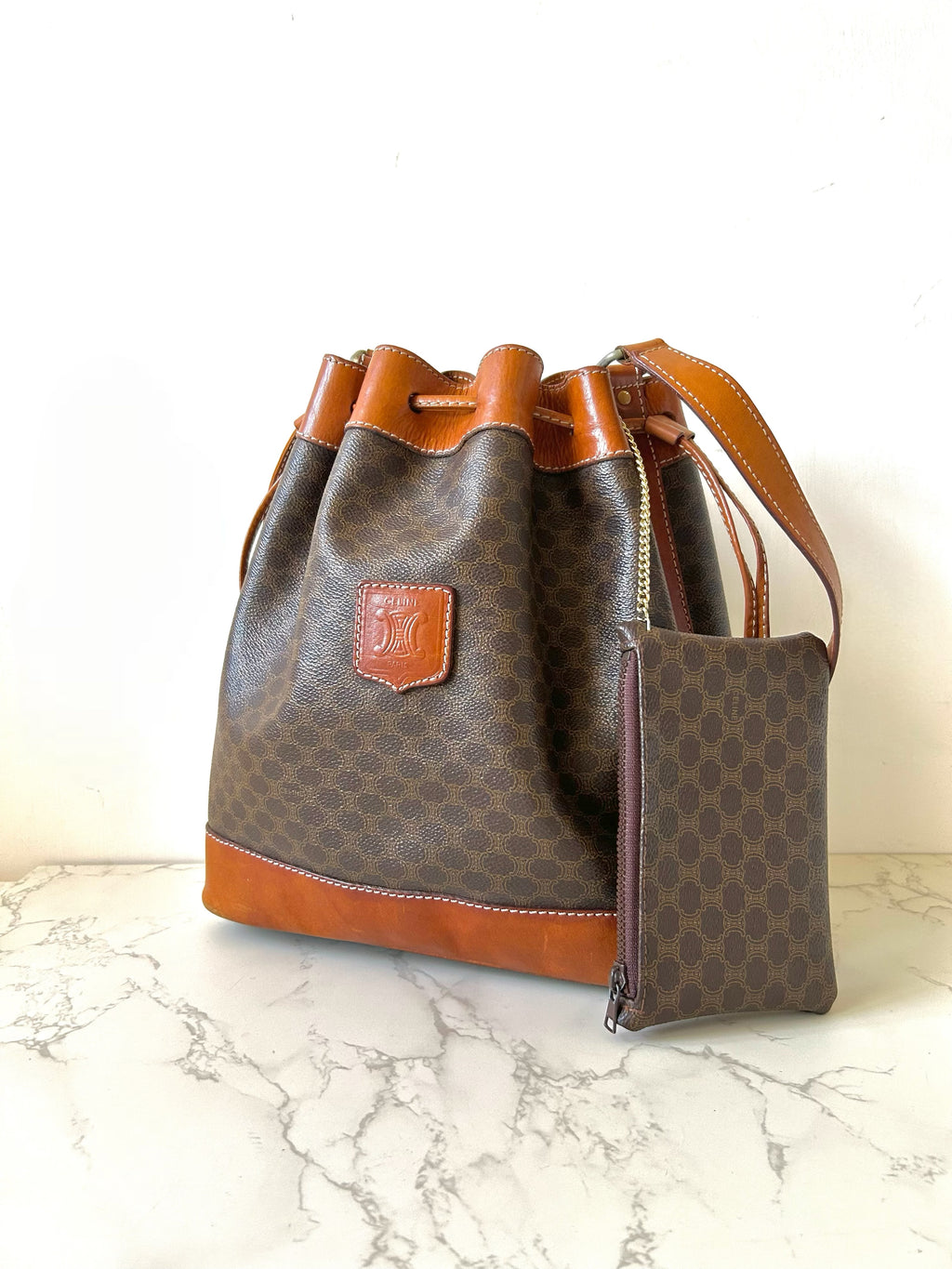 CELINE Brown Old Flower Leather Drawstring Bucket Bag / Side Bag