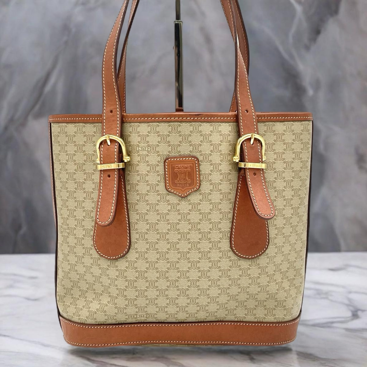 CELINE coffee brown old flower leather tote bag / side backpack / handbag