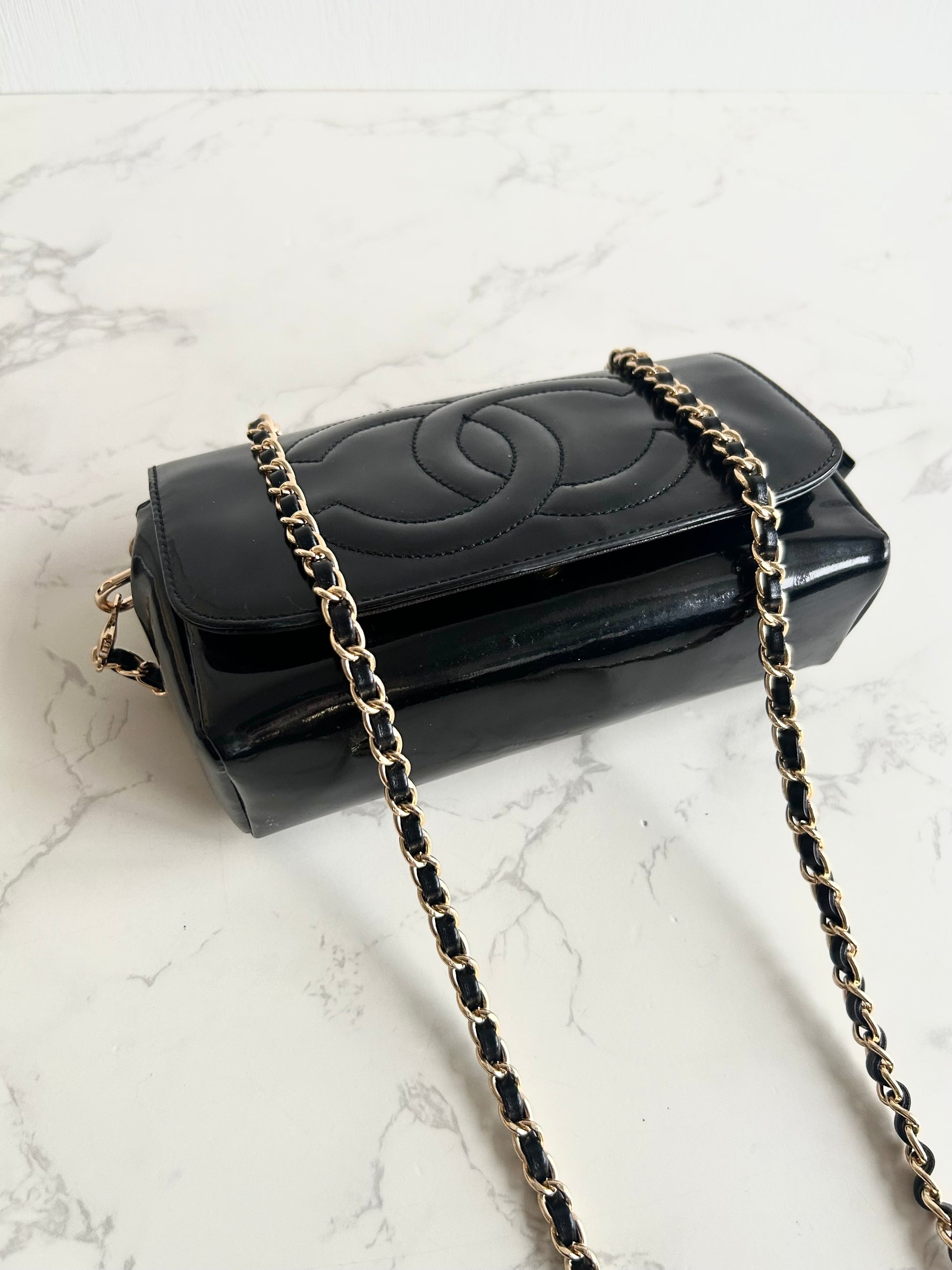 稀有中古Chanel 黑金色連鏡子斜背包 側背包