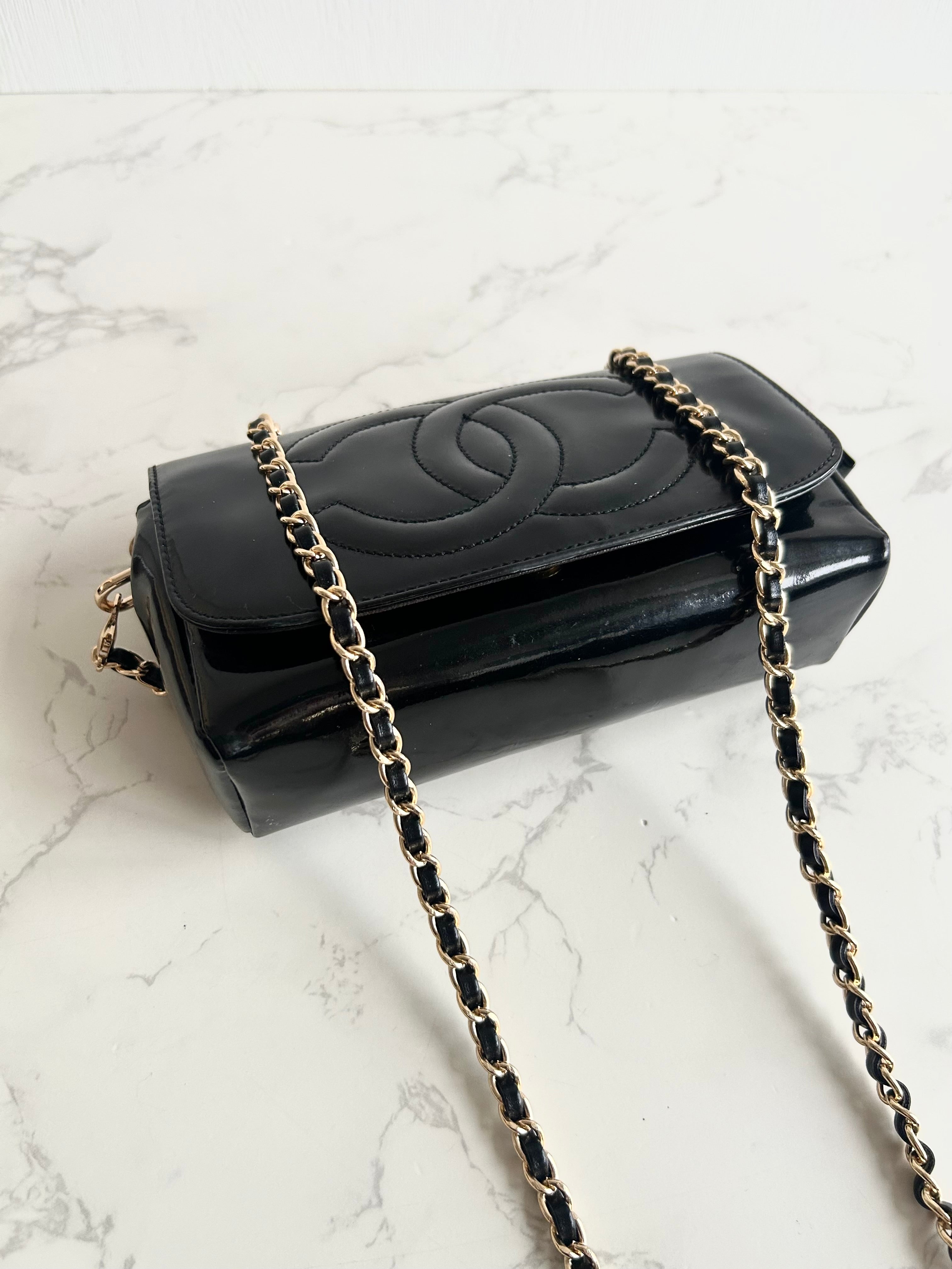Rare Used Chanel Black and Gold Two-Way Crossbody Bag with Mirror