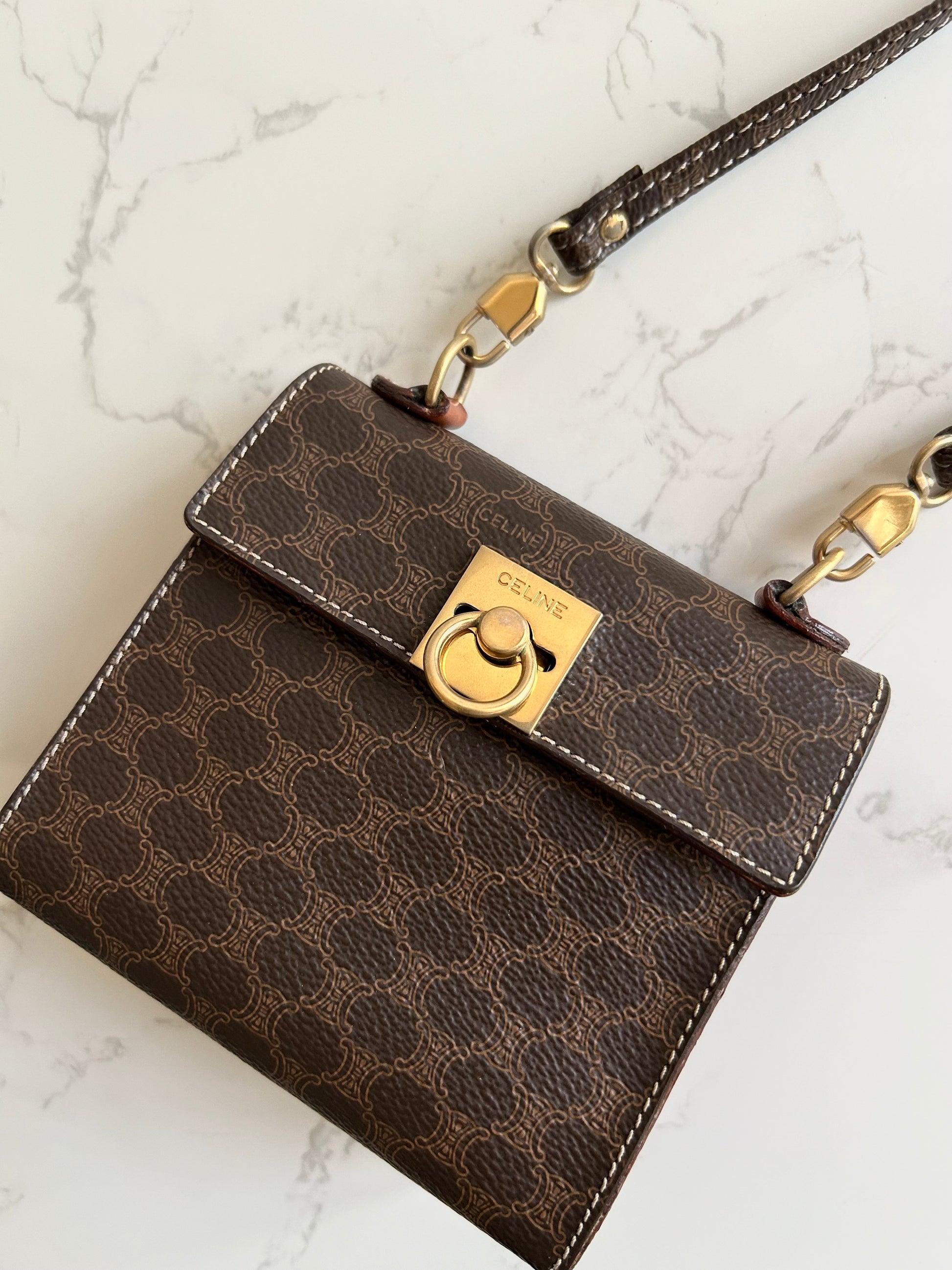 CELINE Extremely rare coffee-colored old flower mini Kelly side bag / oblique bag