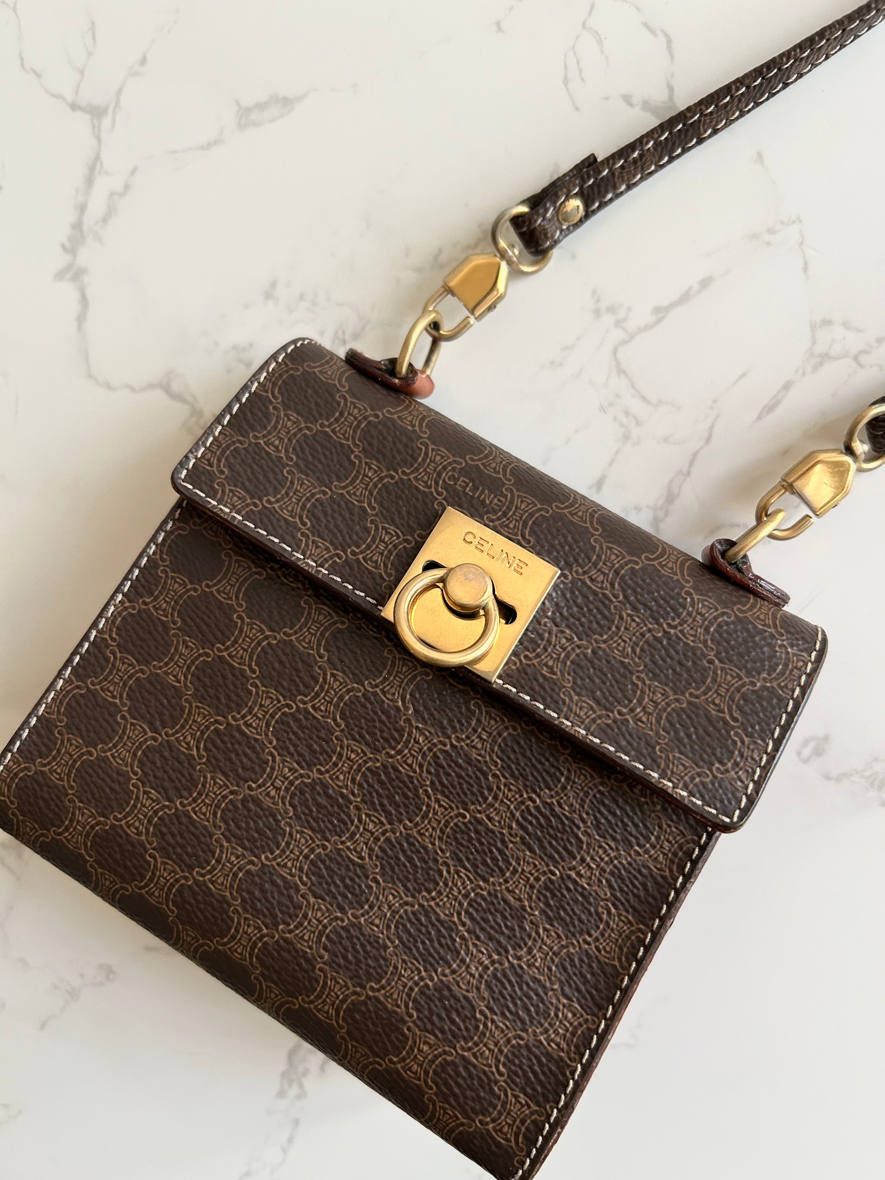 CELINE Extremely Rare Brown Triomphe Mini Kelly (with Original Triomphe Shoulder Strap) Crossbody Bag/Shoulder Bag
