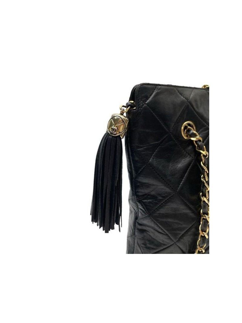 CHANEL rare black gold tassel chain leather bucket bag / small tote bag / side backpack