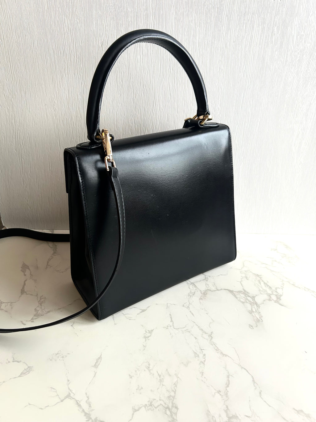 Celine Small Black and Gold Two-Way Kelly Bag Leather Crossbody Bag Shoulder Bag Handbag