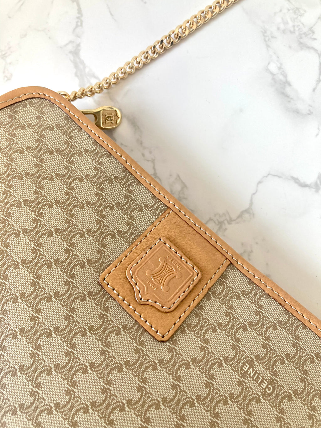 CELINE Beige Triomphe Monogram Chain Shoulder Bag