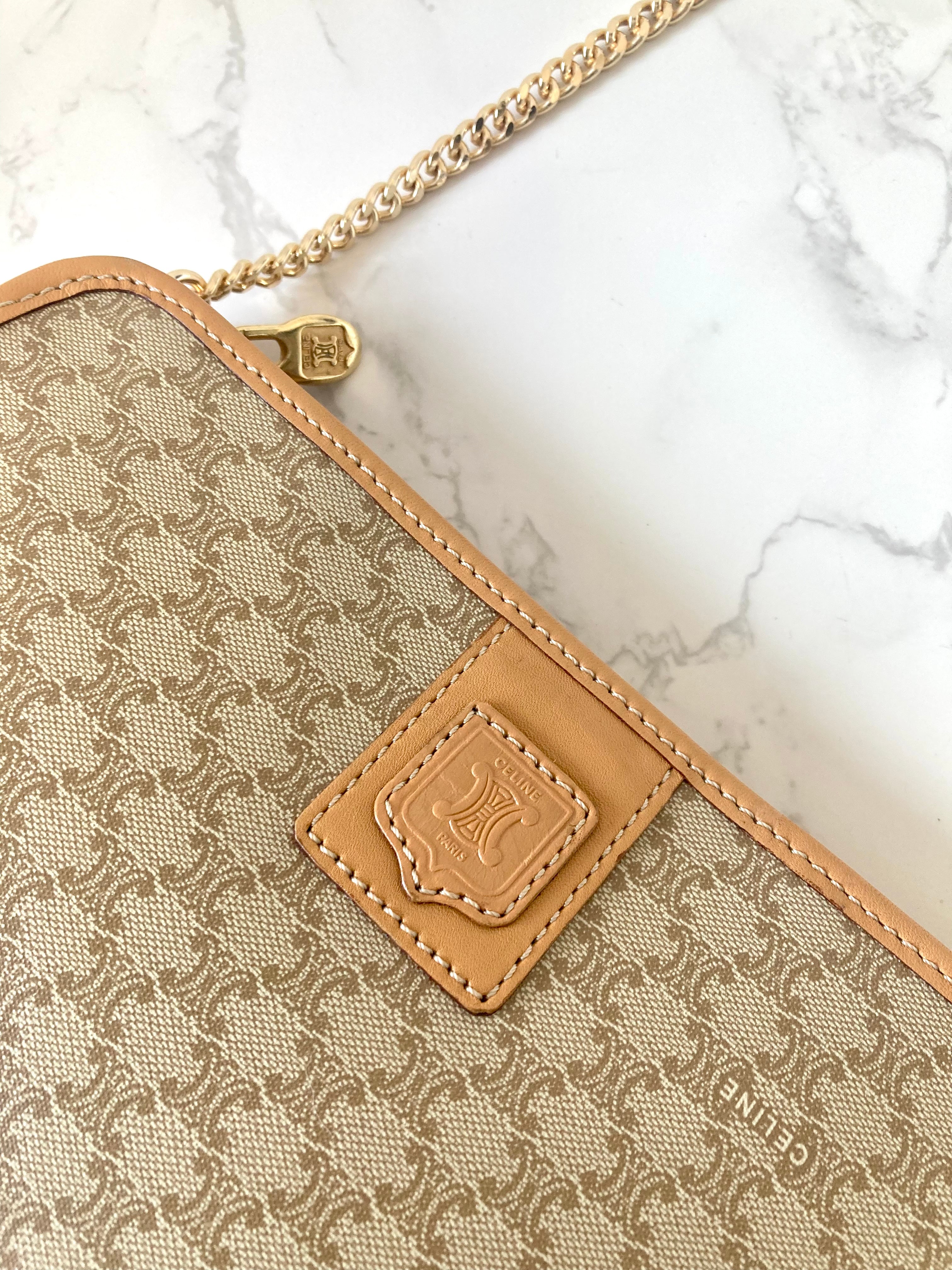 CELINE Beige Triomphe Monogram Chain Shoulder Bag