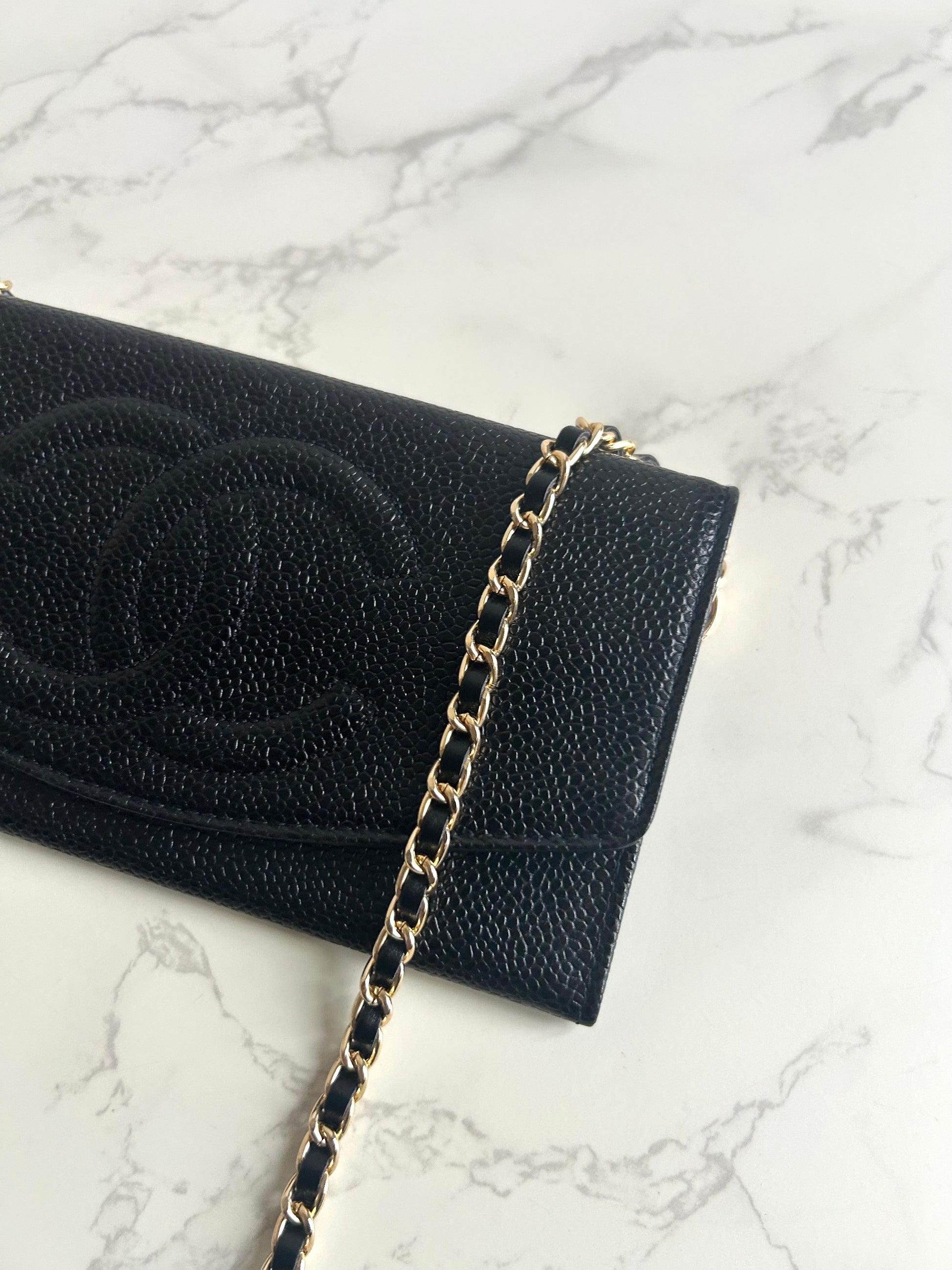 中古二手Chanel黑色魚子醬皮革WOC/側背包/斜背包/錢包