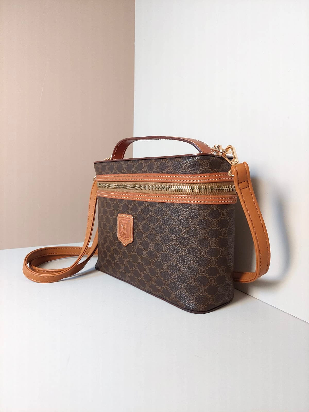 CELINE Brown Old Flower Leather Vanity Box Bag/Side Bag/Messenger Bag/Clutch Bag