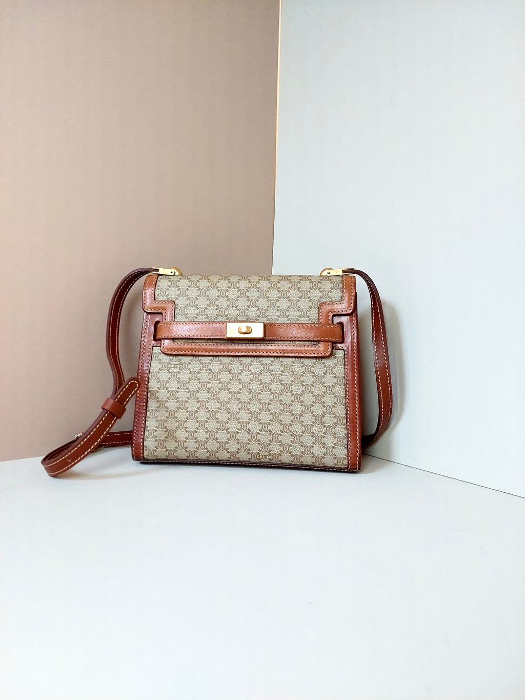 CELINE rare apricot old flower small Kelly / side bag / oblique bag