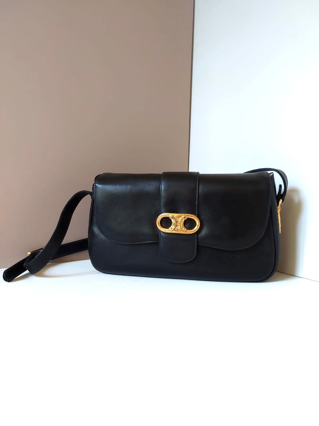 CELINE rare large gold Arc de Triomphe black saddle leather small bag / side backpack / shoulder bag