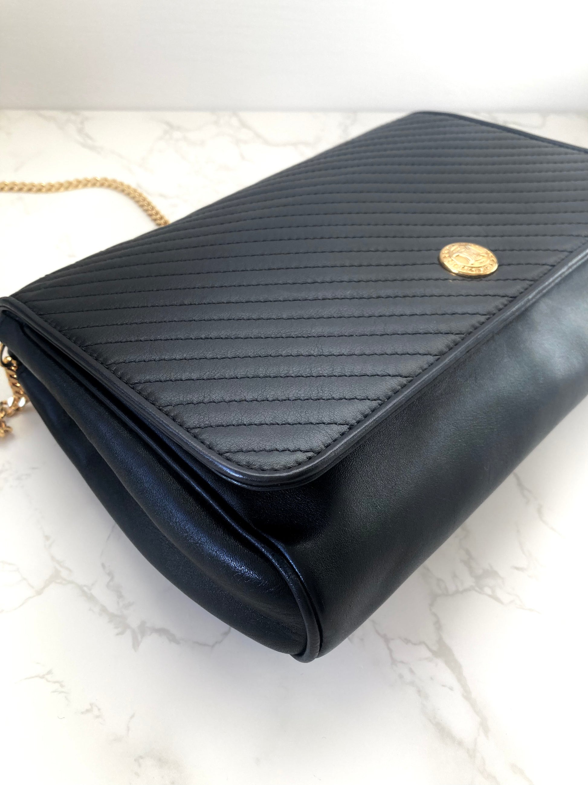 CELINE Rare Triomphe Gold Coin Black Leather Chain Crossbody Bag