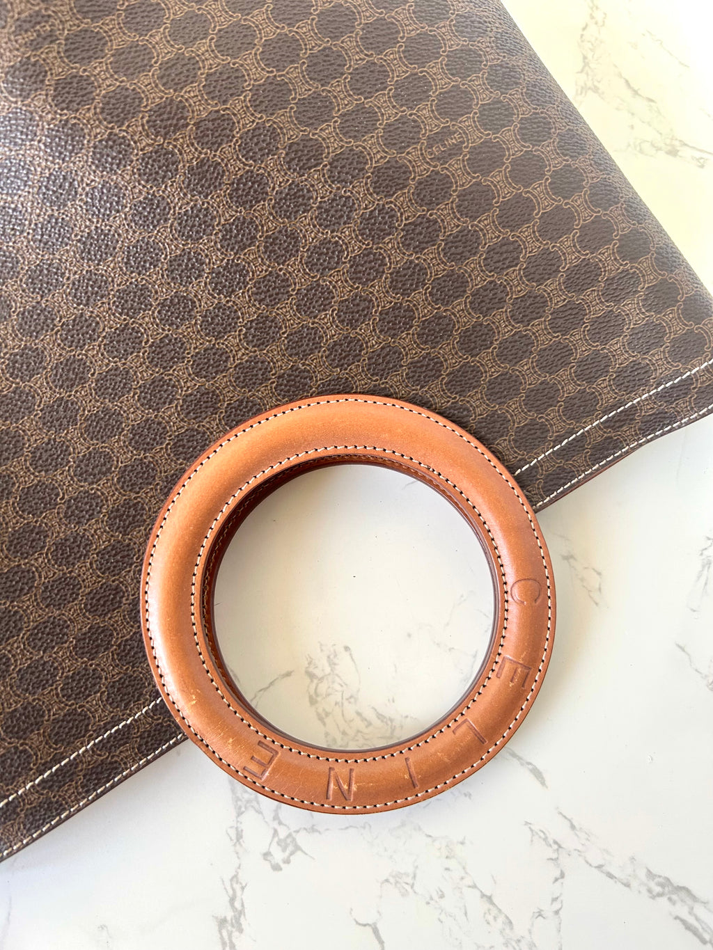 CELINE rare large leather ring coffee color old flower tote bag / handbag