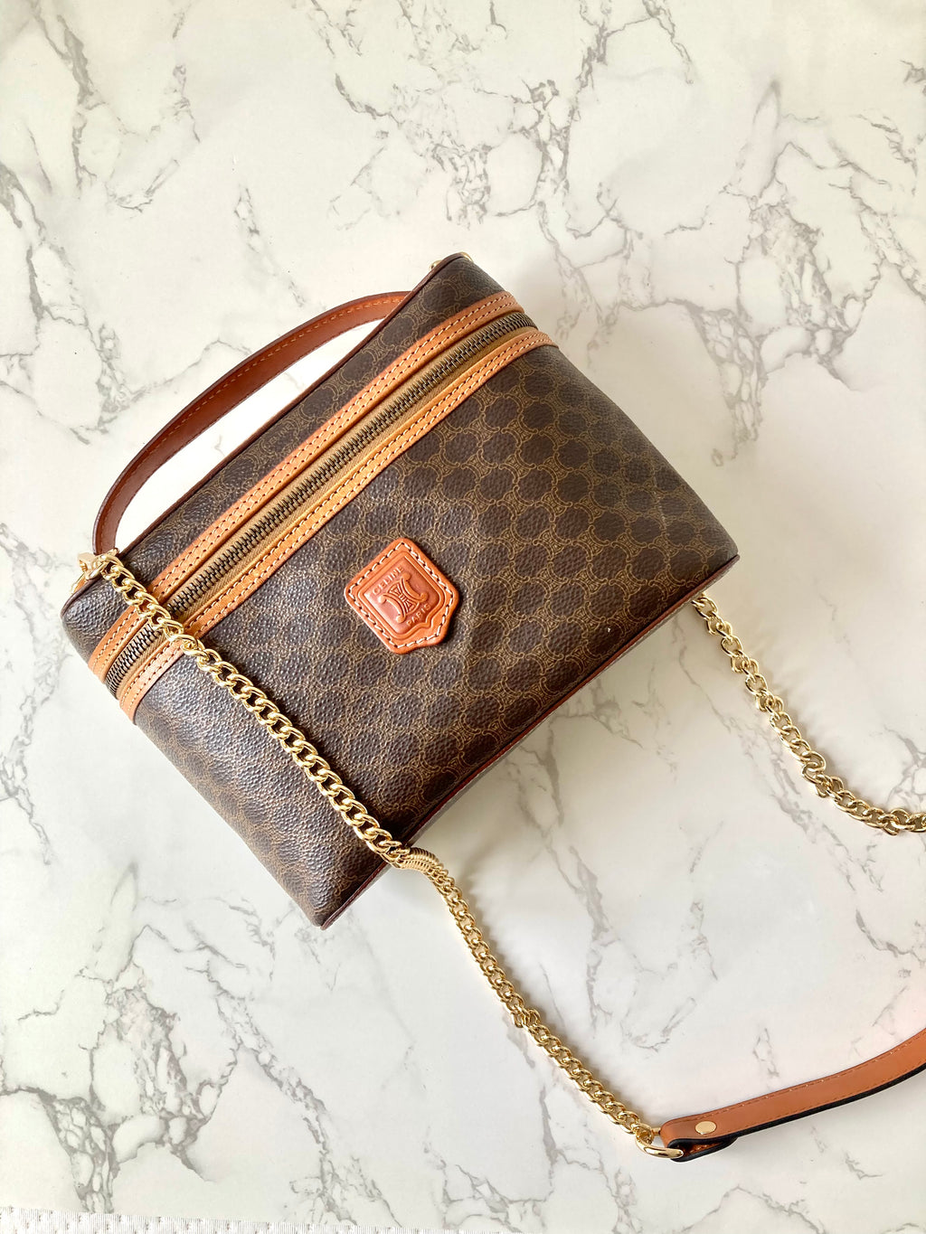 CELINE Brown Monogram Vanity Case / Crossbody Chain Bag