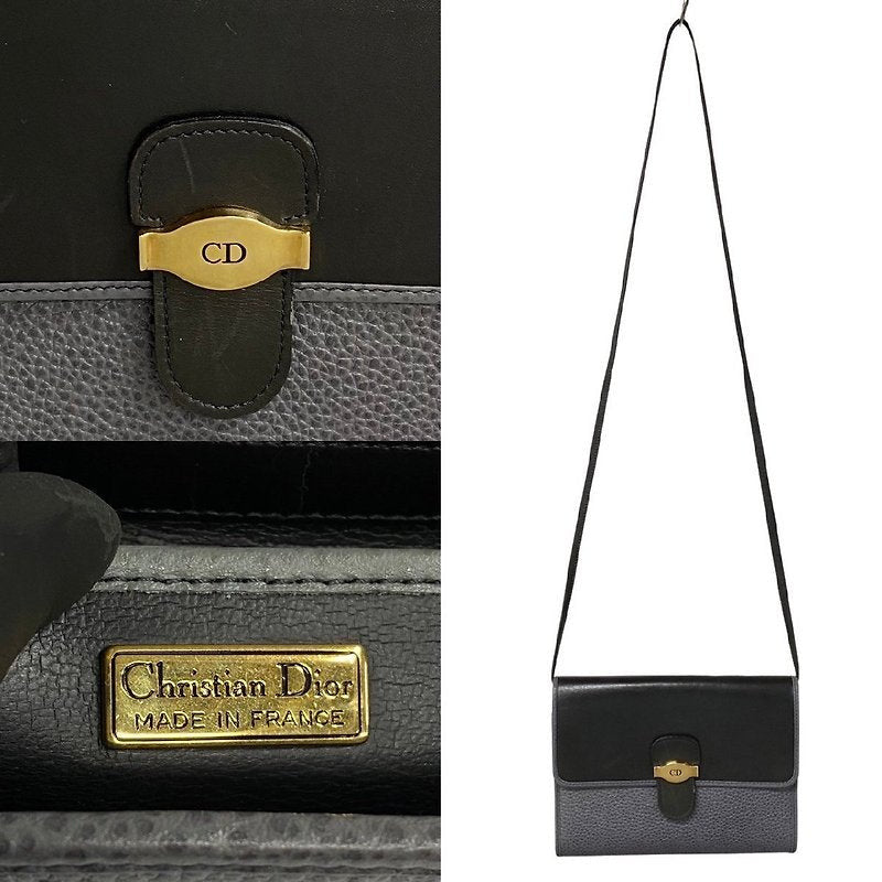 CHRISTIAN DIOR rare black and gray stitching leather gold buckle side bag / oblique bag