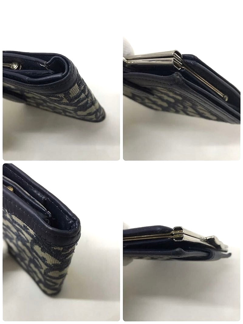 CHRISTIAN DIOR Dark blue old flower leather short clip gold wallet / wallet - Japanese second-hand Vintage