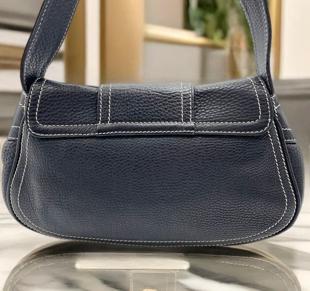 CELINE rare vintage blue and black leather large gold buckle small bag/side backpack/underarm bag
