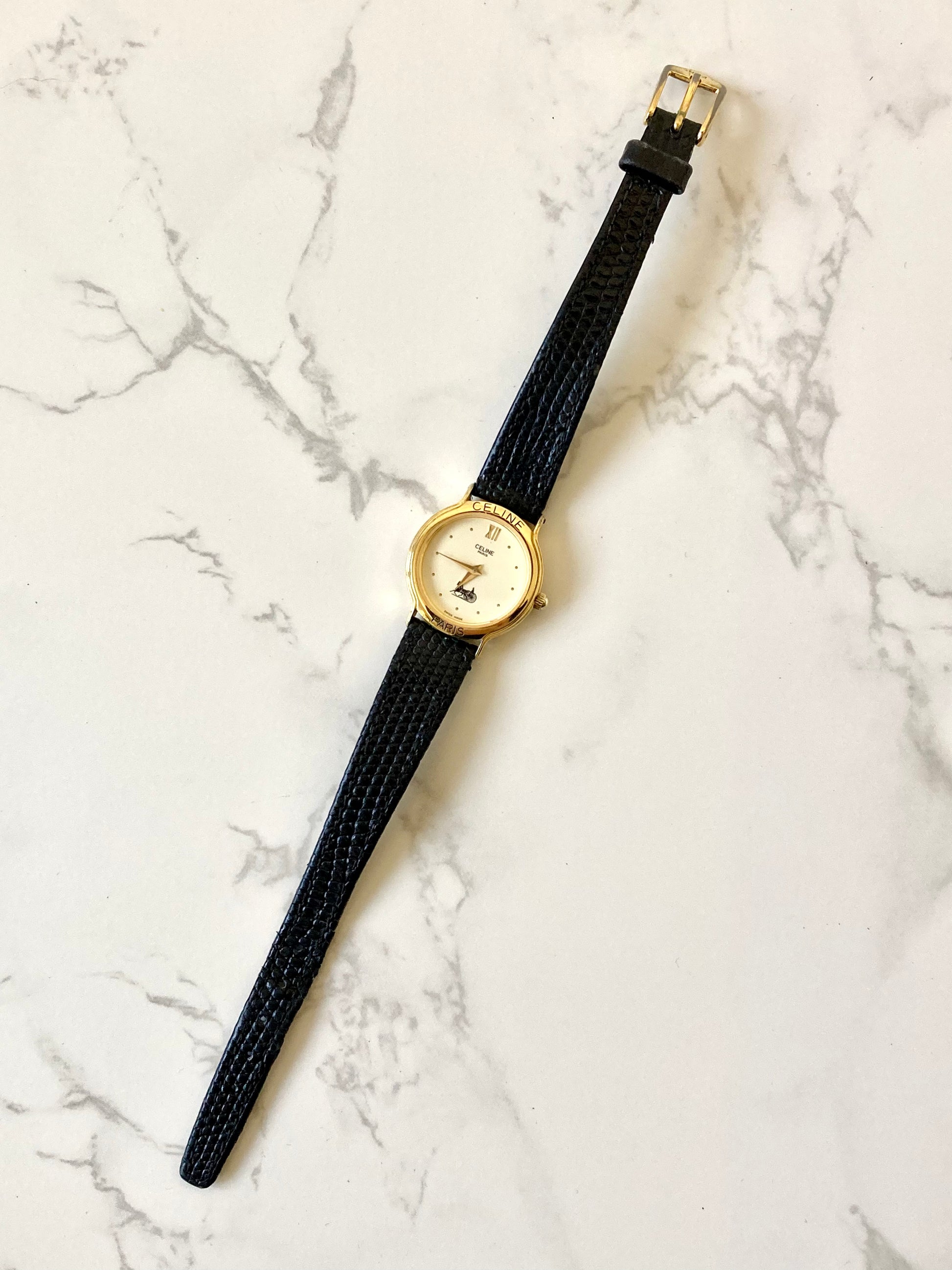 CELINE Rare Horse Carriage Black x Gold Leather Lady's Quartz Watch