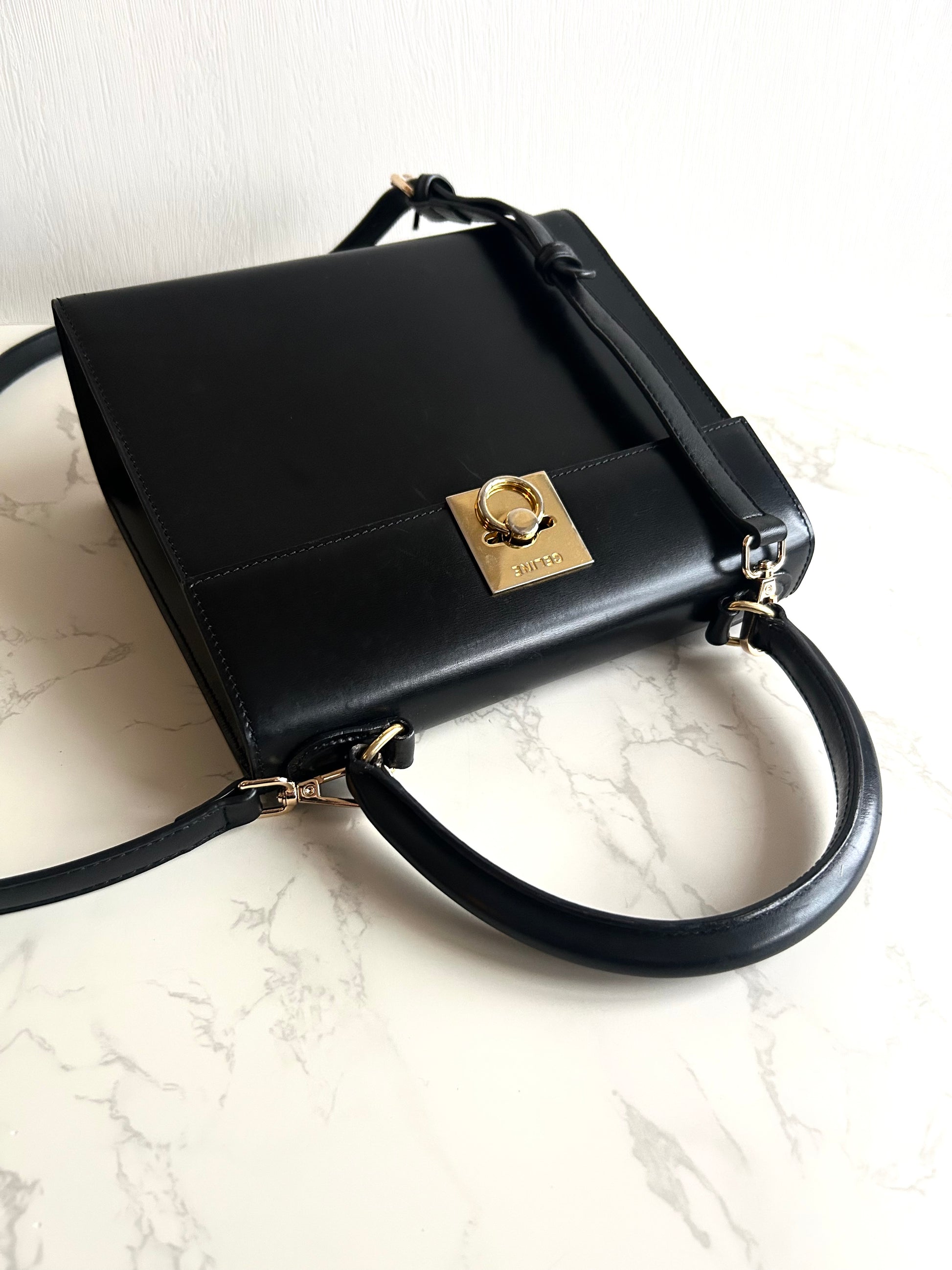 Celine 小號黑金Two-way凱莉包 皮斜背包 側背包 手提包