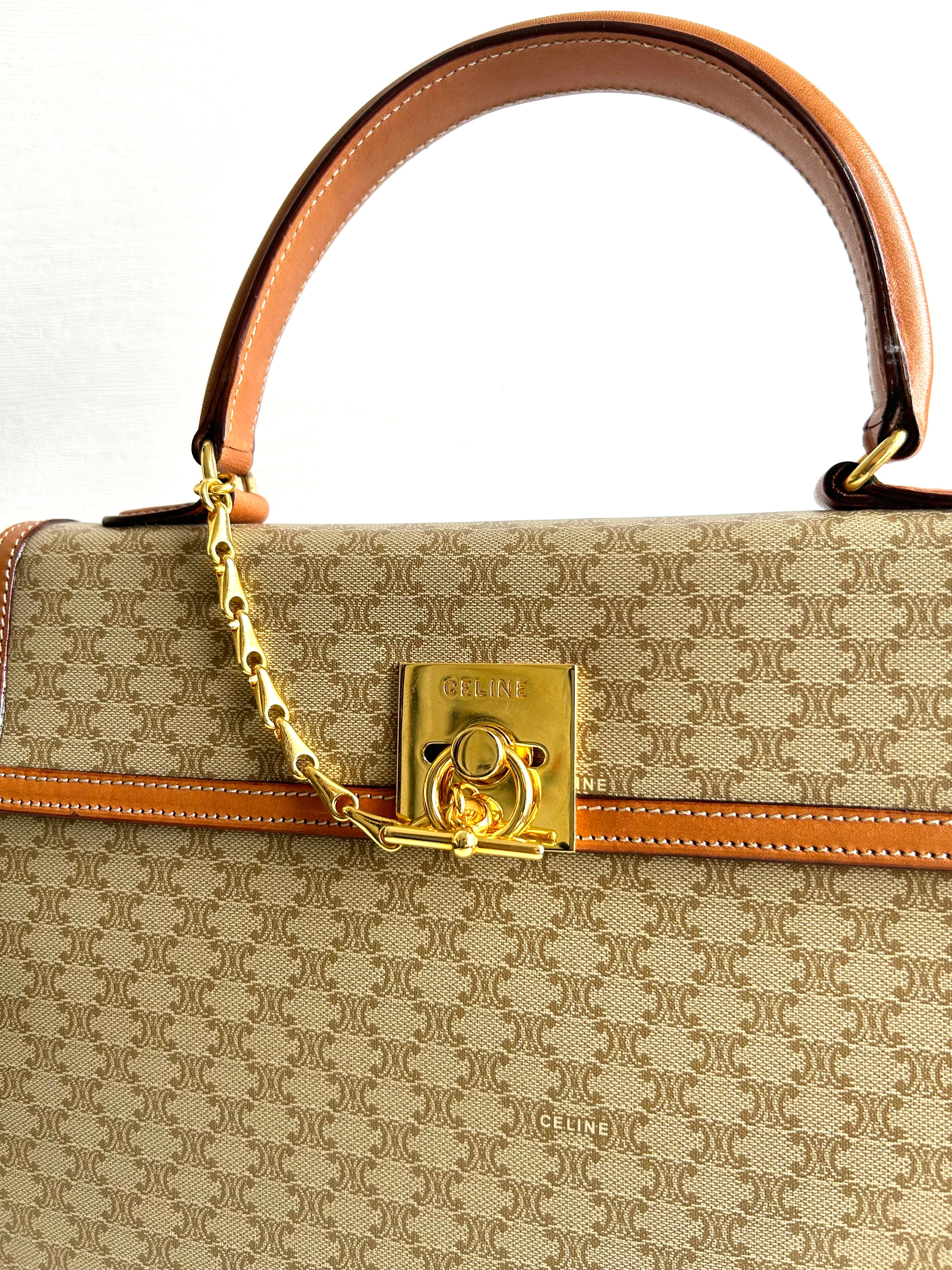 CELINE rare beige old flower Kelly side bag / oblique backpack / handbag