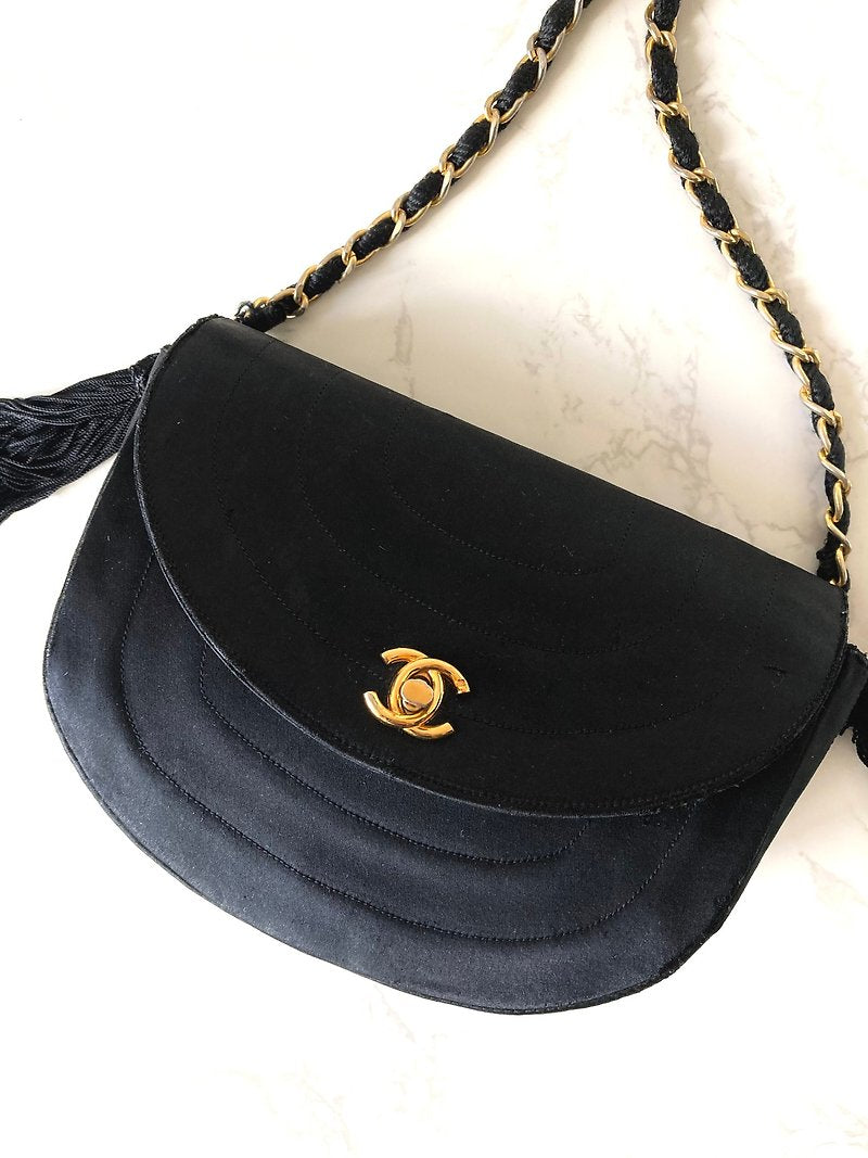CHANEL Rare Black Silk Gold Rotating Clasp Half Moon Bag/Shoulder Bag/Crossbody Bag