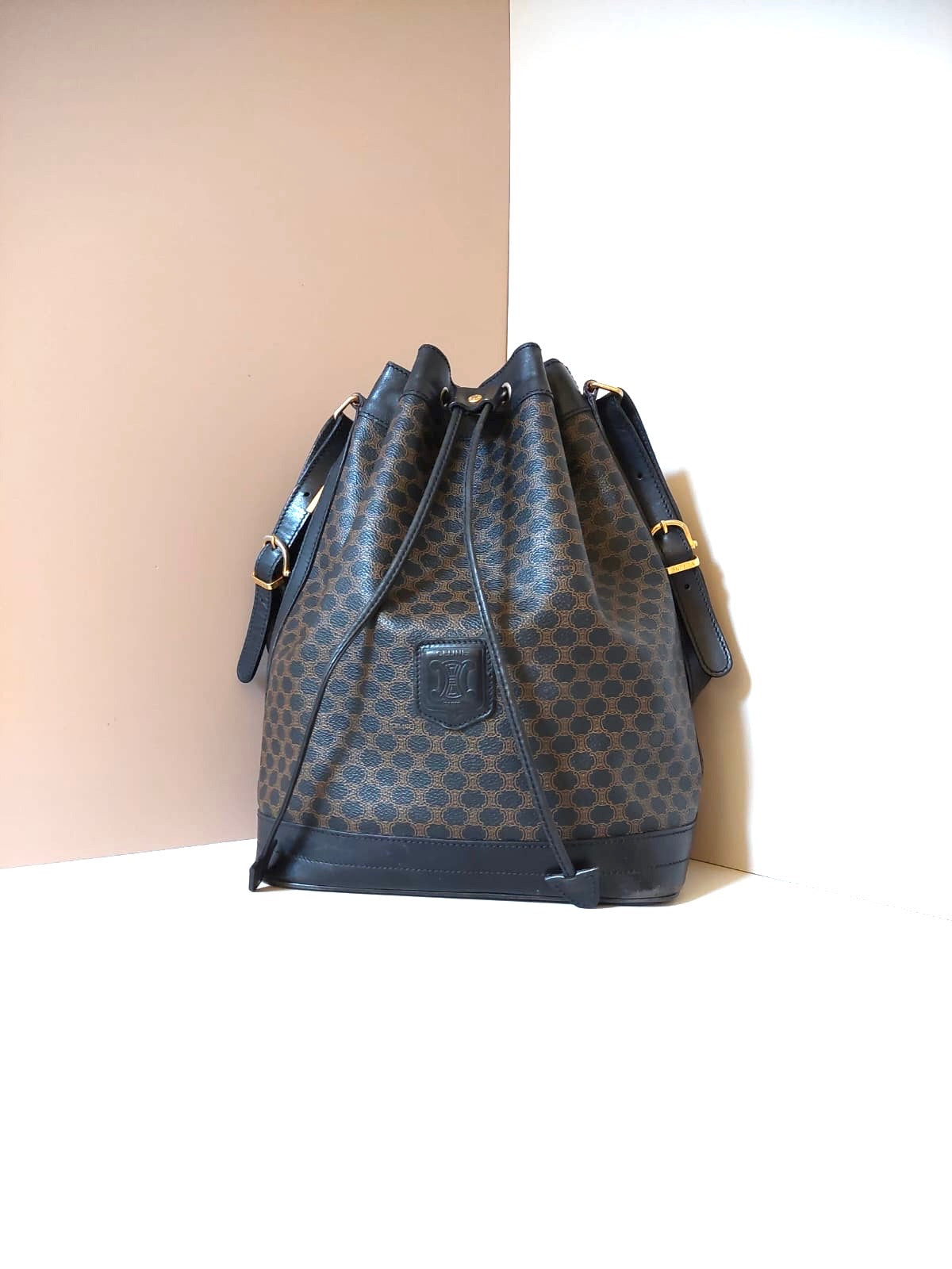CELINE black monogram leather drawstring bucket bag/side bag