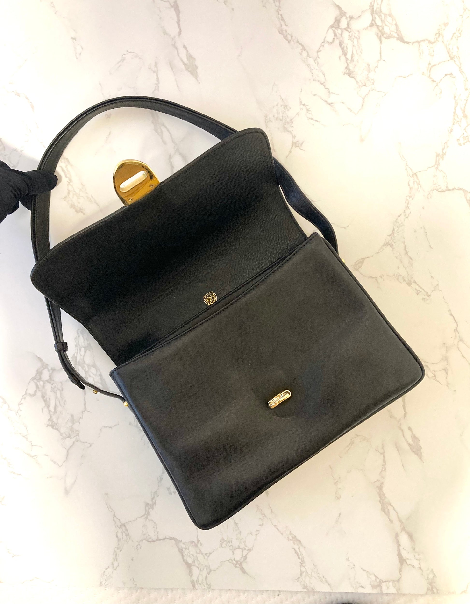 GUCCI Black x Gold Leather Shoulder Bag