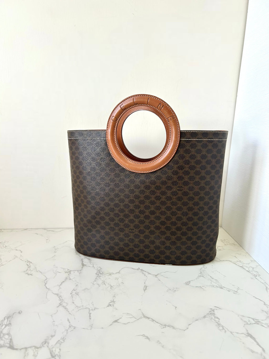 CELINE rare large leather ring coffee color old flower tote bag / handbag